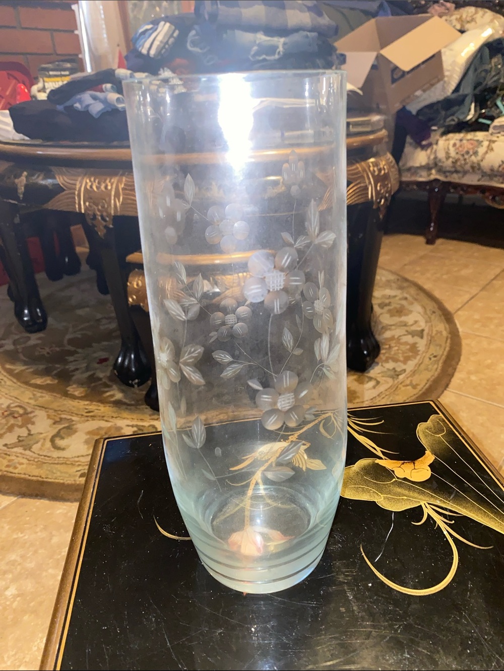 Etched Clear Glass Floral Cylinder Vase - Clear - Picture 5 of 6